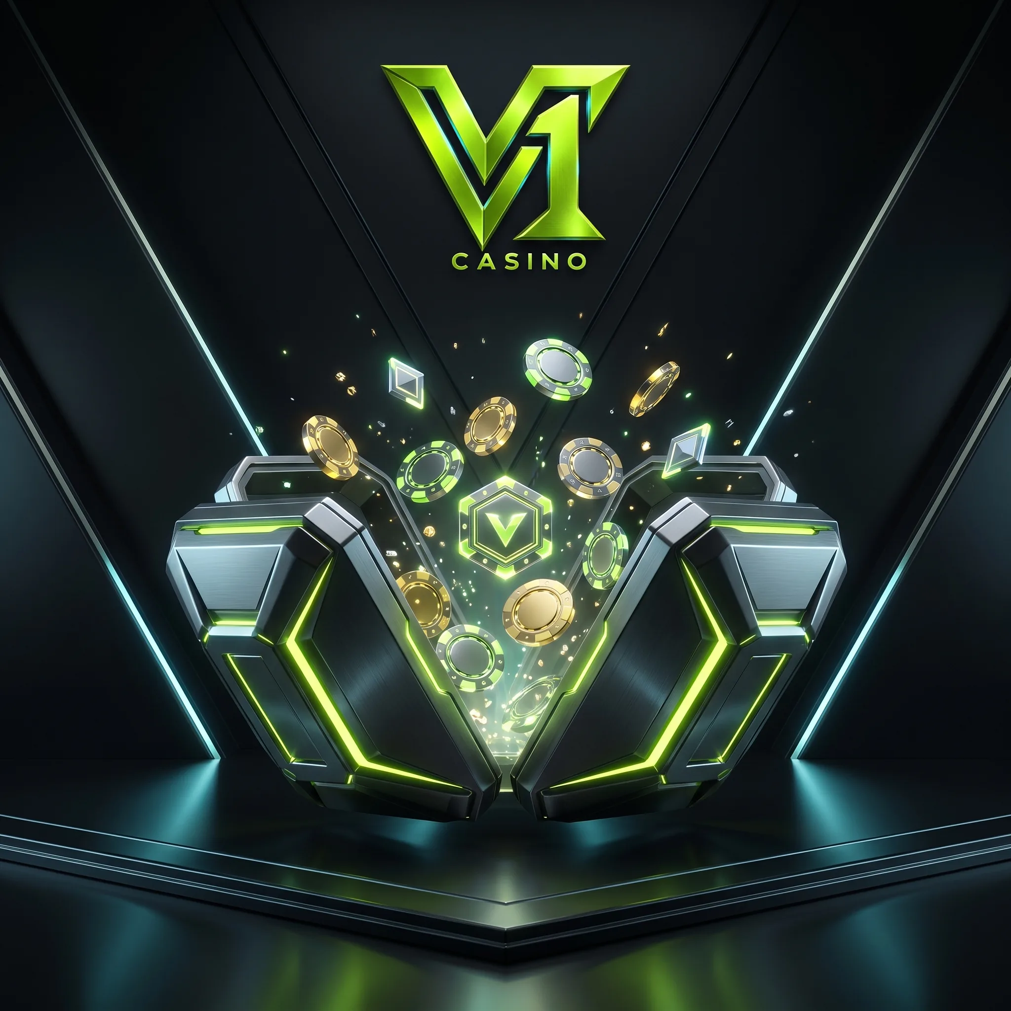 V1 Casino bonus artwork with chips and an illuminated V