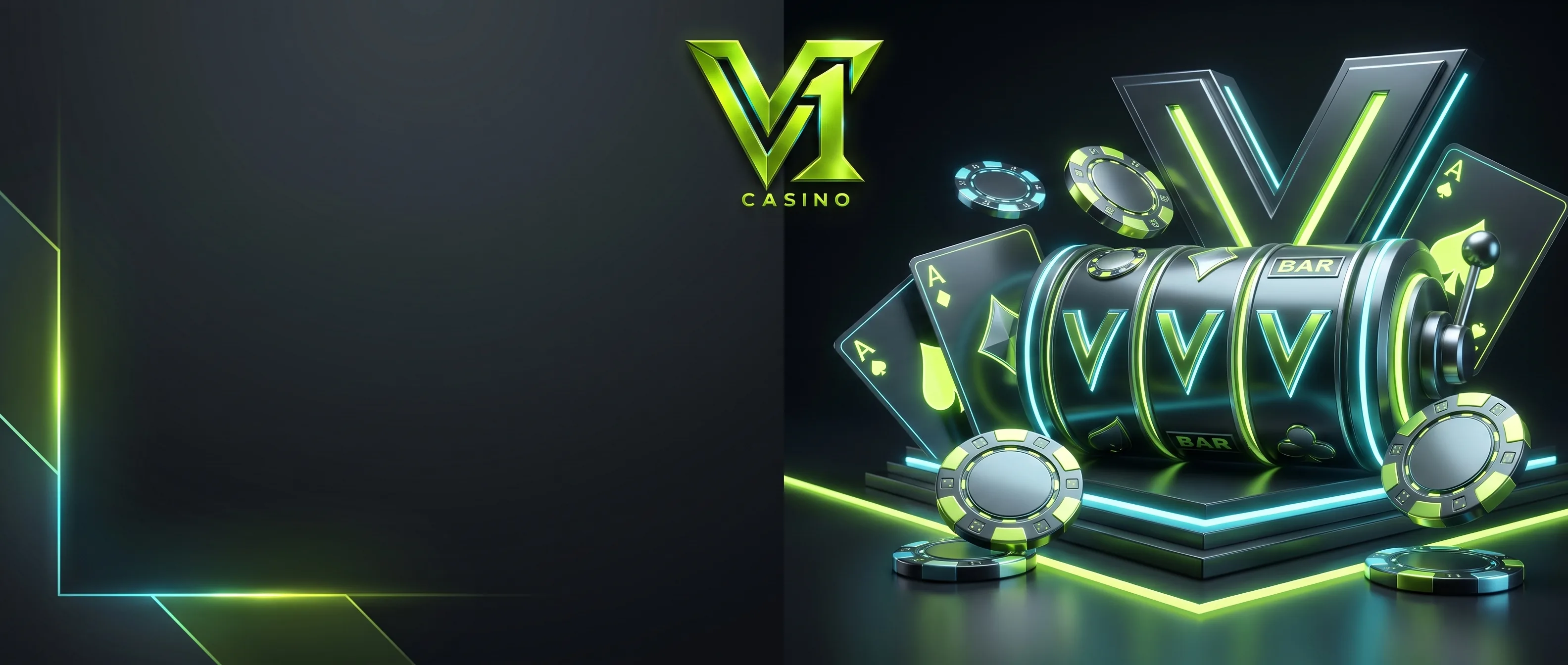 V1 Casino artwork with slots, playing cards and lime-green chips